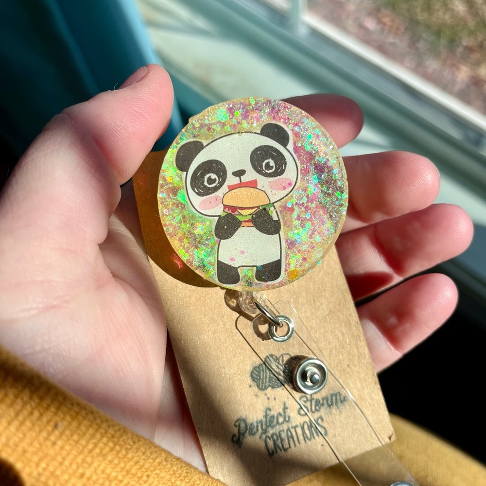 Panda with a Hamburger Cute Handmade Resin Badge Reel